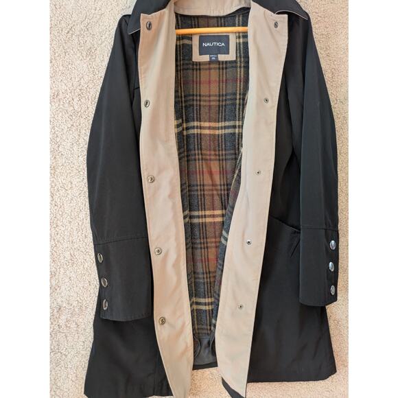 Vintage Nautica Women's Knee-Length Trench Jacket Small Black Hooded Coastal y2k - Picture 8 of 16